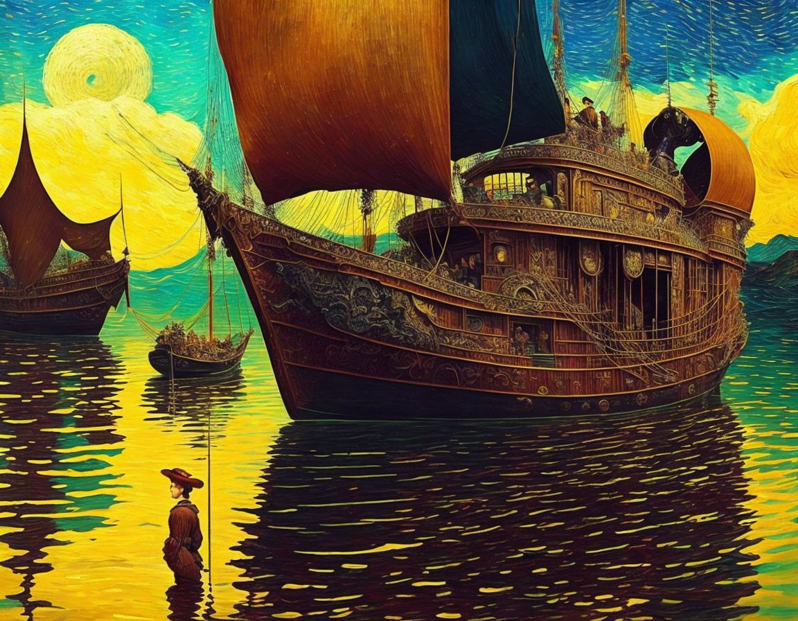 Stylized painting of ornate ship on golden waters with figure on shore