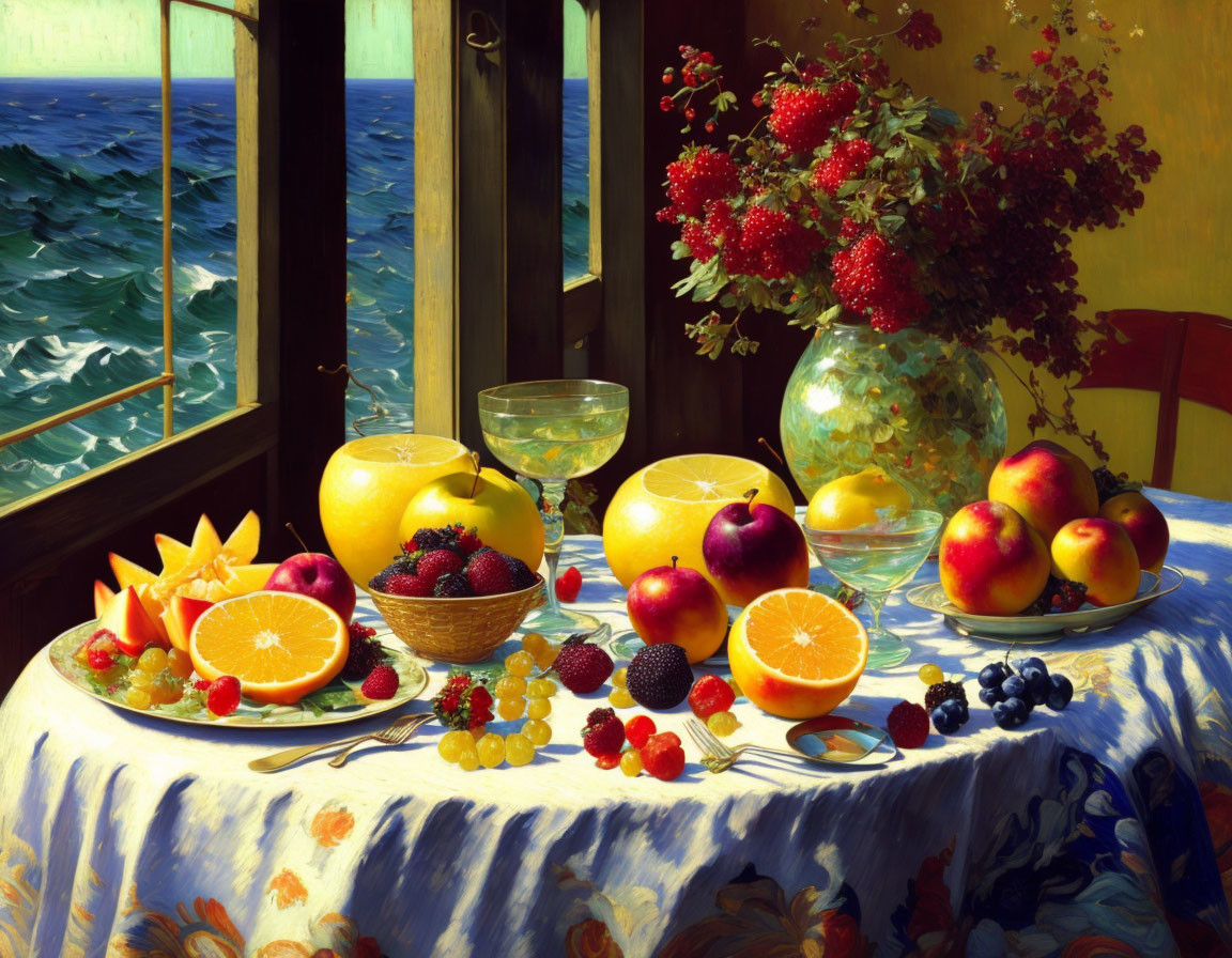Colorful Still-Life Painting of Fruit Table by Sea