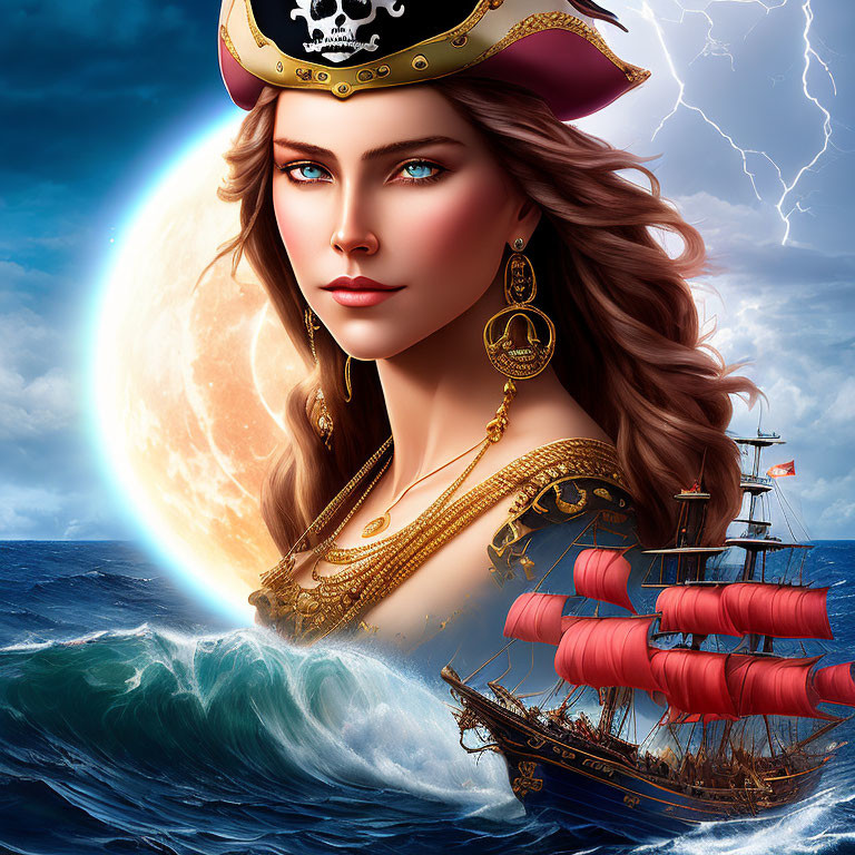 Illustrated female pirate with galleon ship on stormy sea waves under moon or sun.