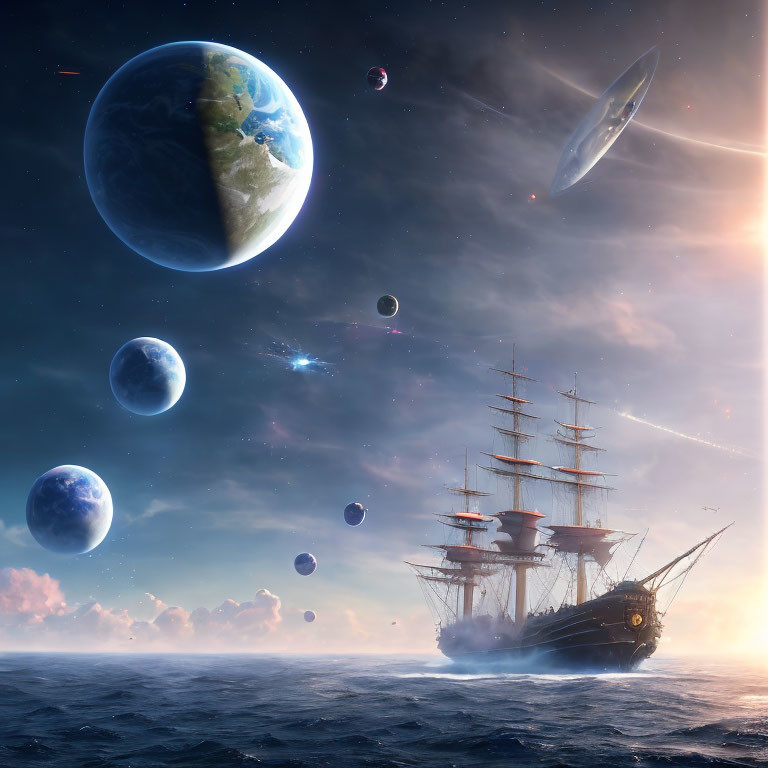 Tall ship sailing on calm seas with celestial bodies and UFO