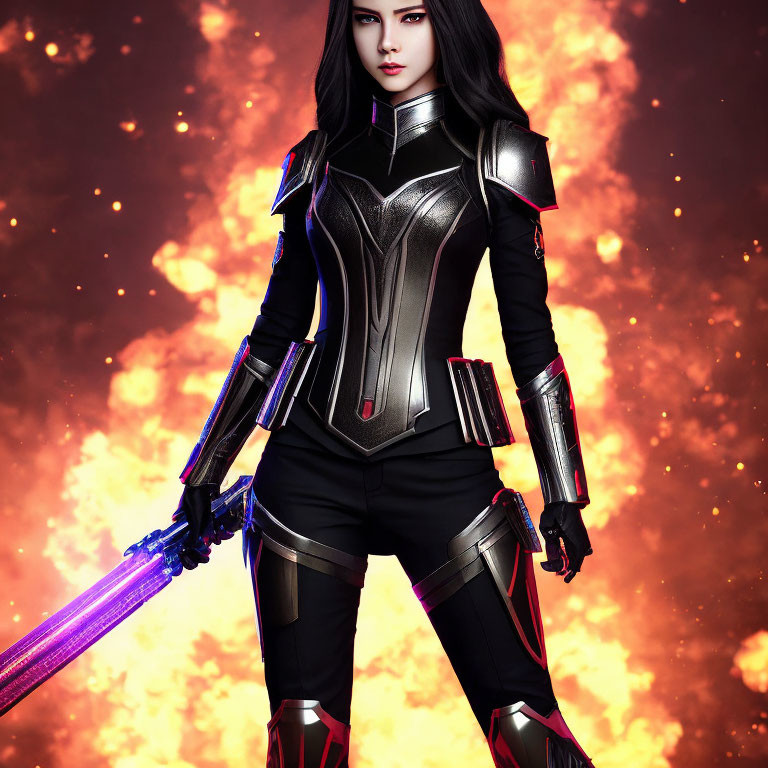 Digital artwork of female character in futuristic armor with glowing sword and fiery backdrop