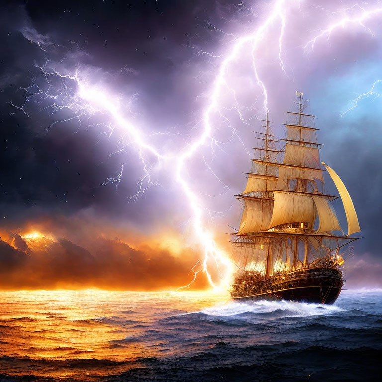 Tall ship sailing on turbulent seas under dramatic sky