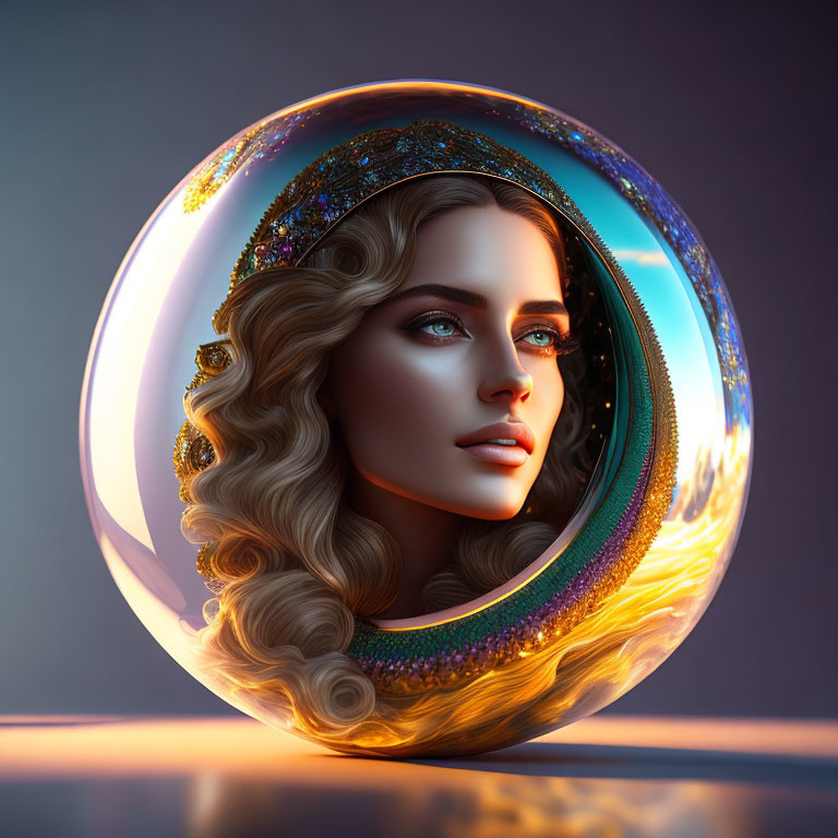 Colorful digital artwork: Woman's face in reflective sphere