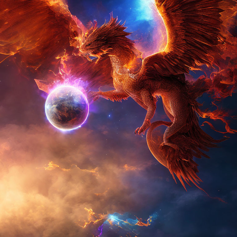 Dragons with glowing bodies and fiery wings in cosmic scene