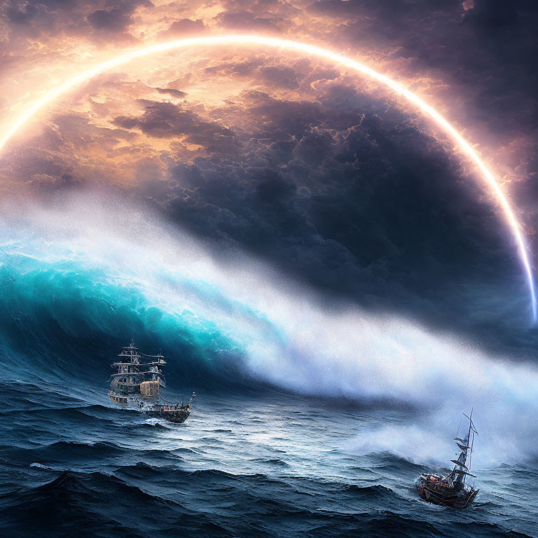Dramatic ship scene with giant wave and surreal lighting