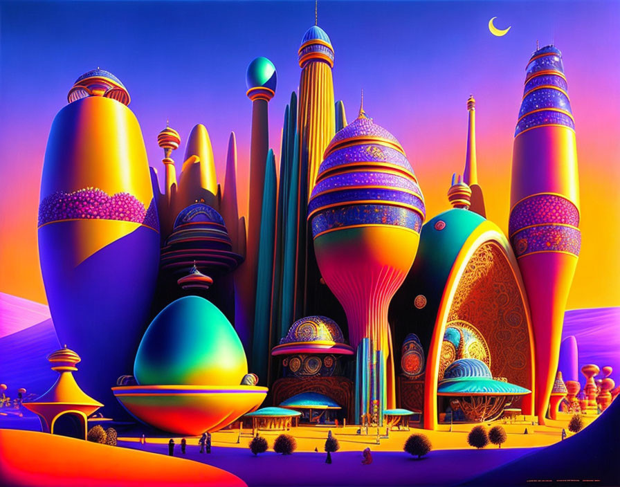 Fantasy cityscape with colorful egg-shaped buildings under twilight sky