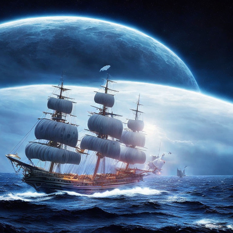 Tall ship sailing in tumultuous seas under a massive planet in the night sky