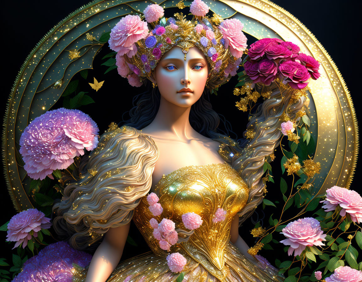 Fantasy Woman Illustration with Golden Hair, Floral Crown, and Ornate Golden Dress in Circular Frame