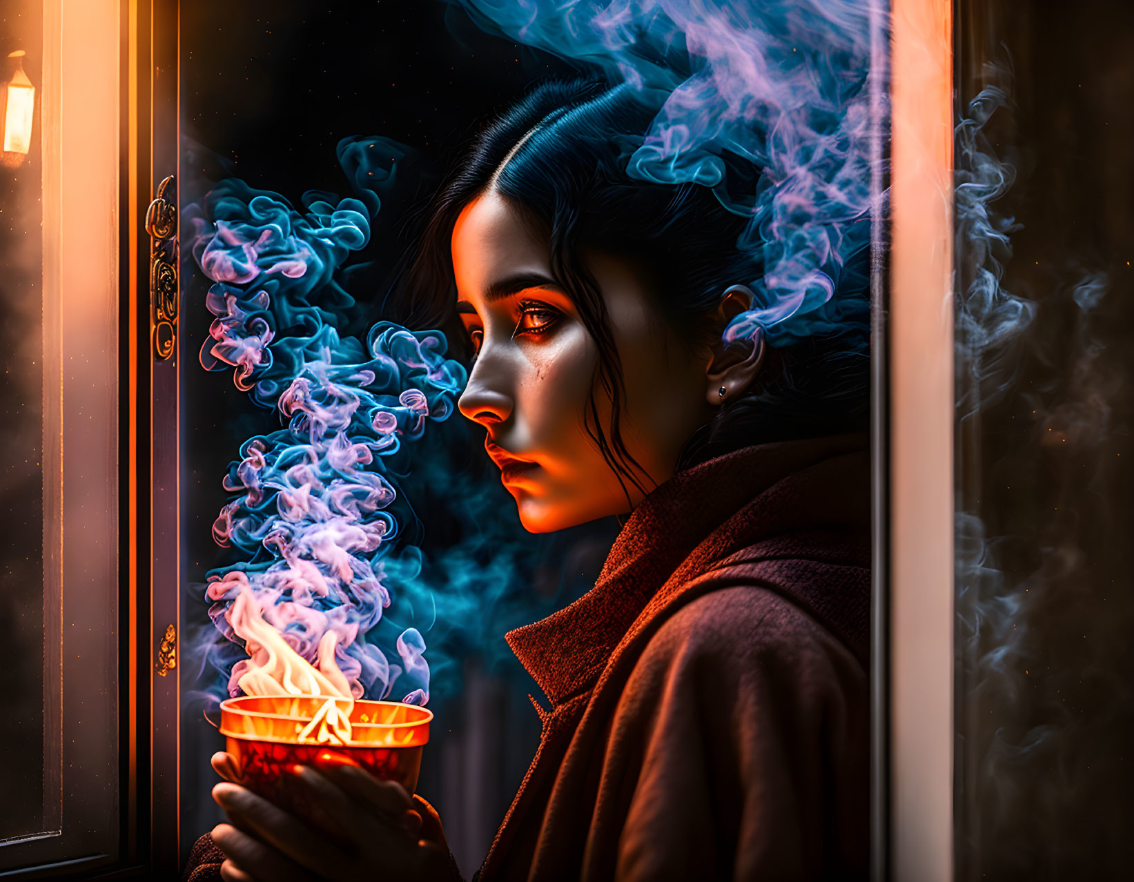 Woman holding steaming cup gazes out window at night in surreal scene