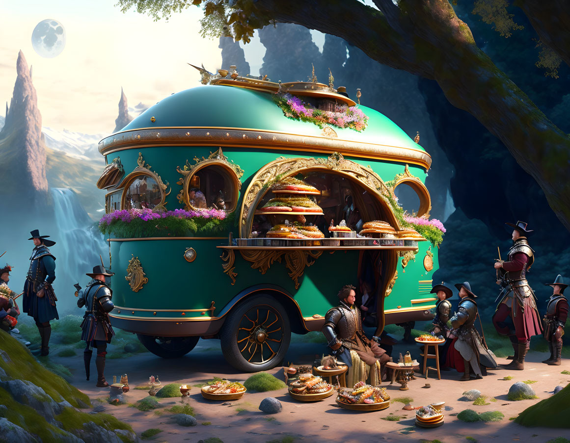 Moonlit fantasy scene: People in period costumes by ornate food wagon in mystical forest