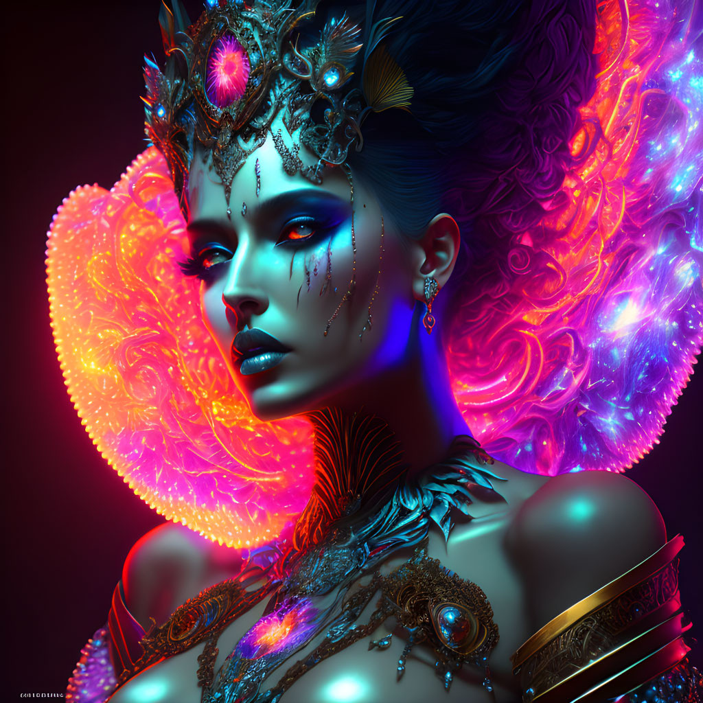 Vibrant neon colors in digital art portrait of woman