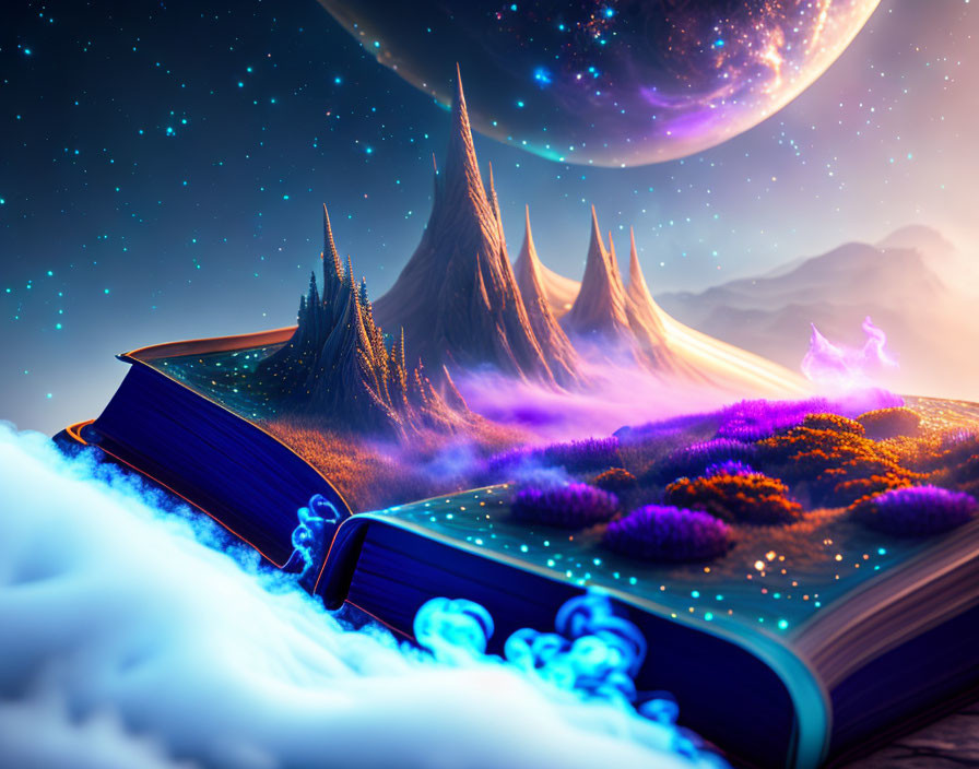 Colorful fantasy landscape emerging from open book against starry sky and moon