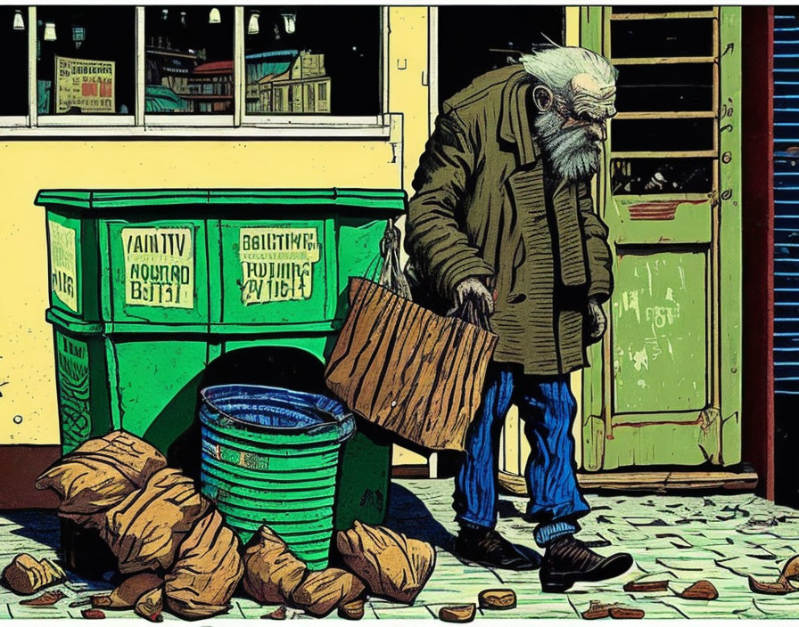 Elderly man in coat and jeans walking by trash can and closed shop