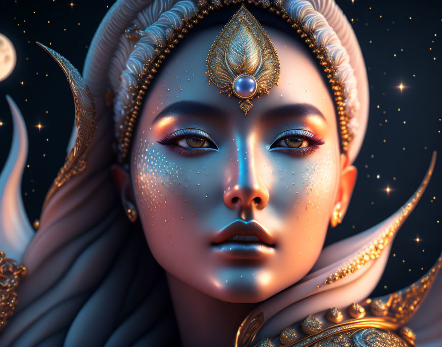 Digital Artwork: Woman with Golden Headdress and Celestial Freckles