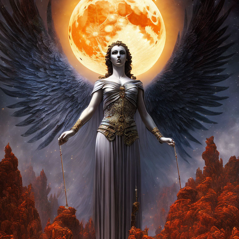 Dark-winged angel in golden armor against fiery landscape