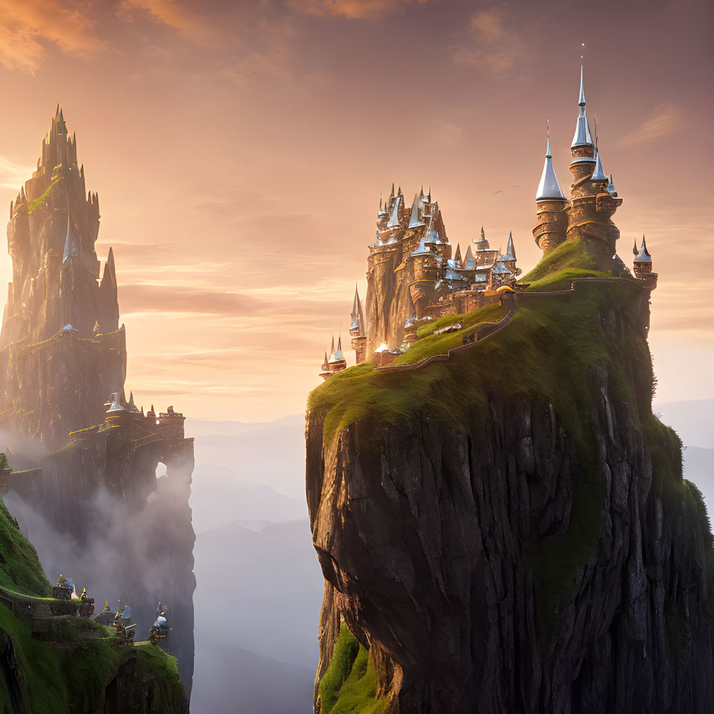 Majestic fantasy castle on cliff at sunset with spires and birds