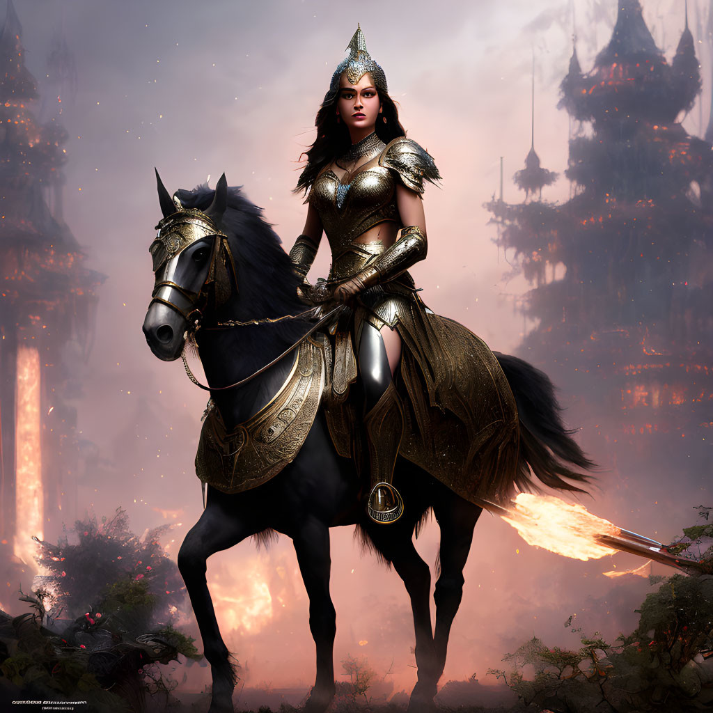 Majestic warrior on black horse in gold armor with foggy castle background