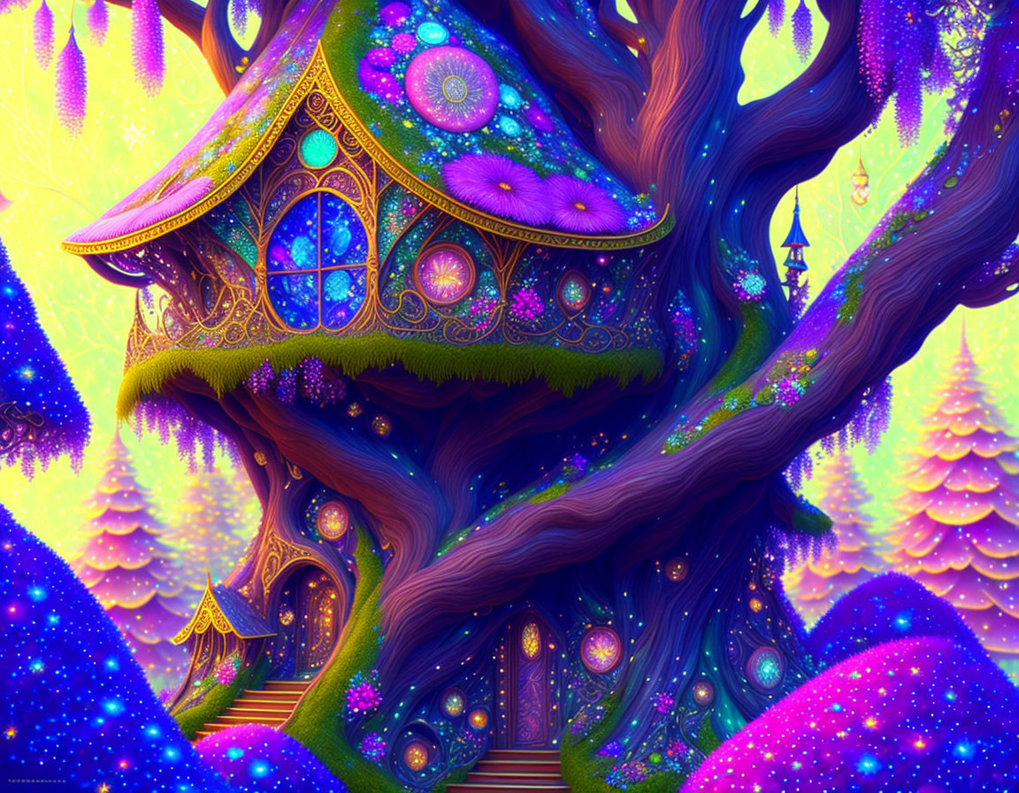 Vibrant treehouse in a magical purple forest