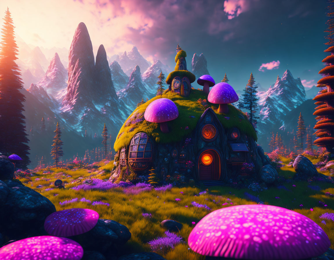 Whimsical mushroom house in magical forest at sunset