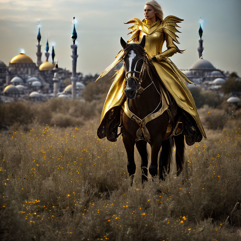 Golden armored knight on horseback in field with yellow flowers and mosque silhouette.