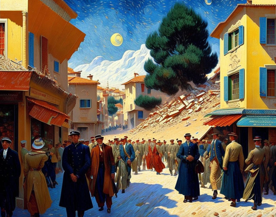 Surreal painting of people in 20th-century attire under large daytime moon