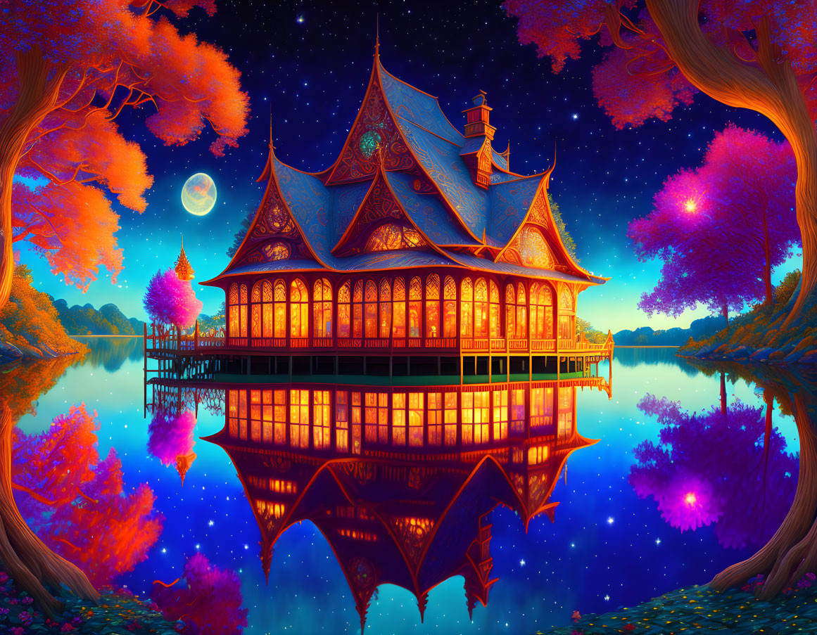 Whimsical house with elaborate roofs on a lake at night