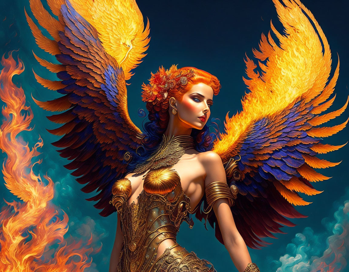 Fantasy illustration of a woman with fiery orange hair and phoenix-like wings in golden armor on blue backdrop