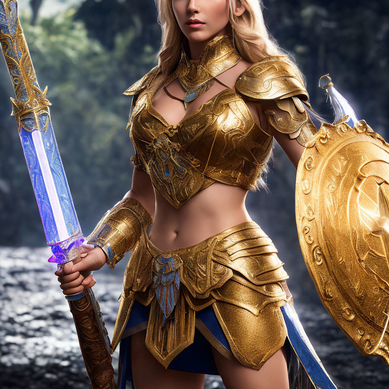 Golden-armored figure with glowing blue sword in forest
