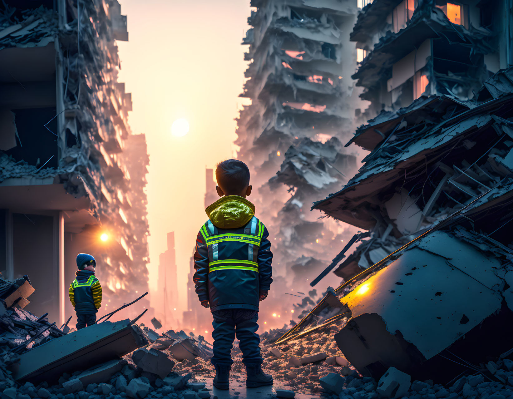 Child amidst devastation gazes at burnt-orange sky and crumbling buildings.