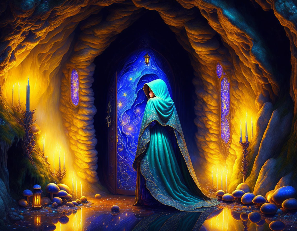 Cloaked Figure Standing Before Ornate Door in Candlelit Cavern