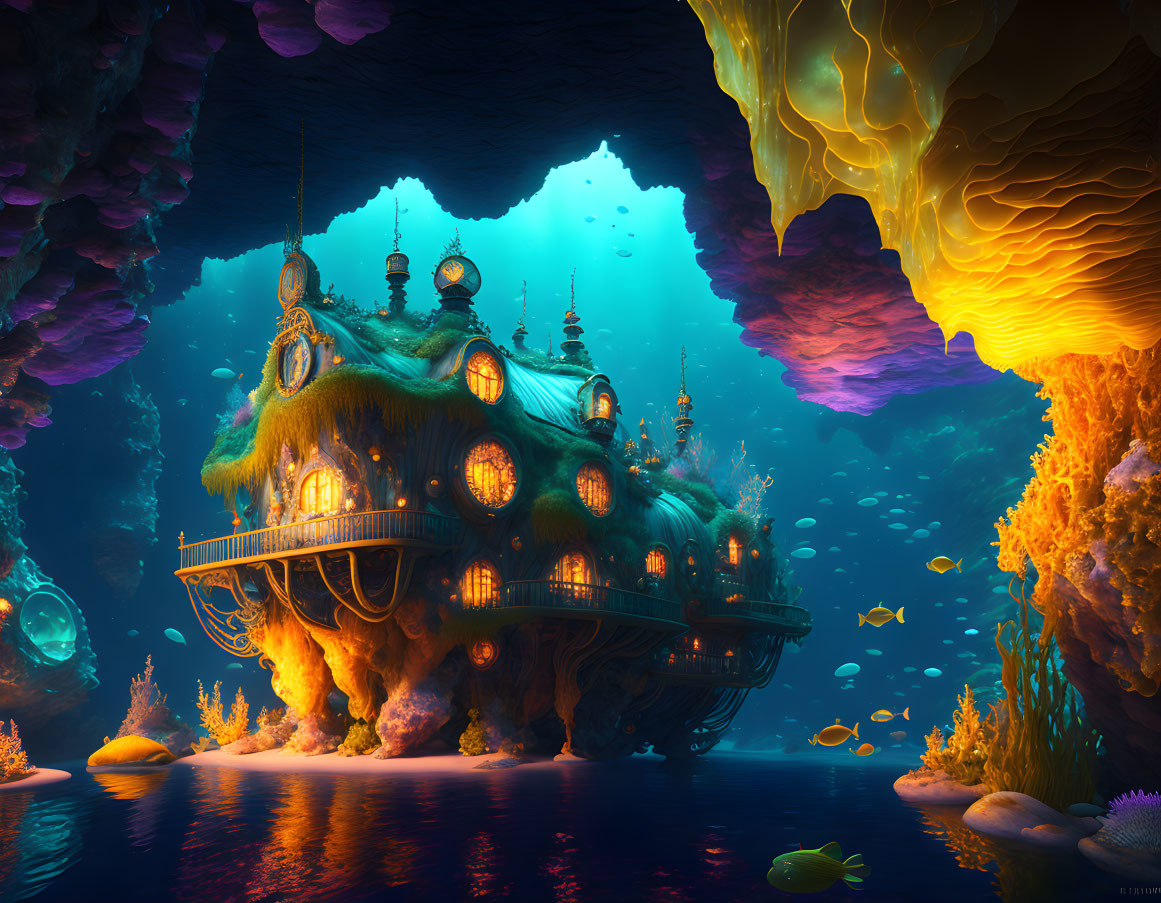 Glowing ornate underwater house surrounded by colorful marine life