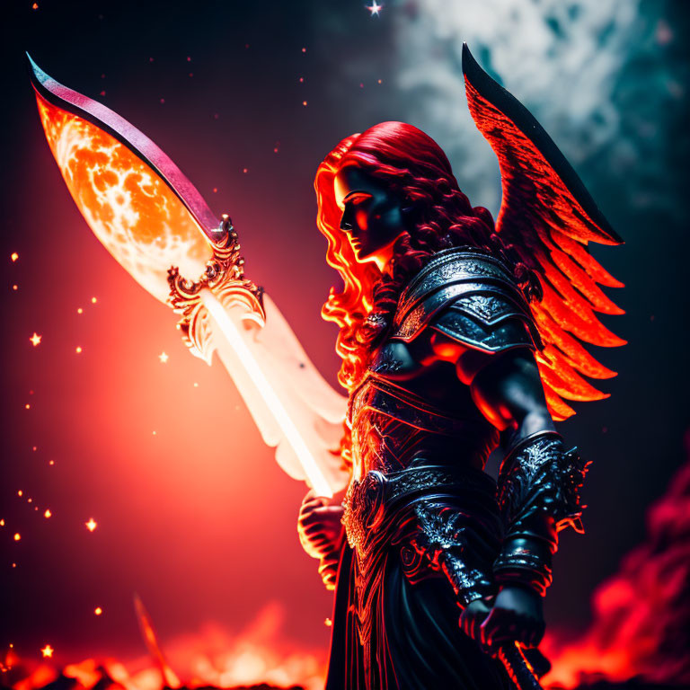 Majestic winged female warrior in elaborate armor with glowing sword