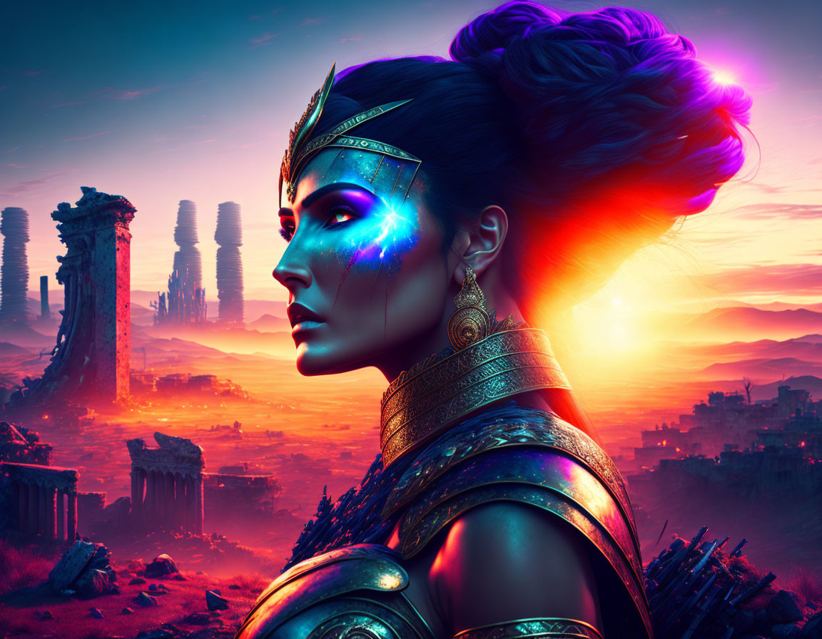 Futuristic warrior woman with glowing face paint and ornate headgear in post-apocalyptic setting