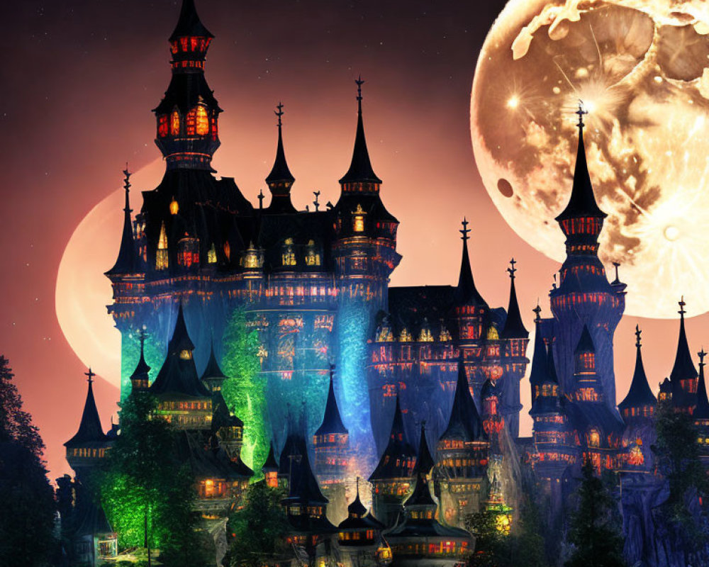 Fantasy castle perched on cliff under full moon