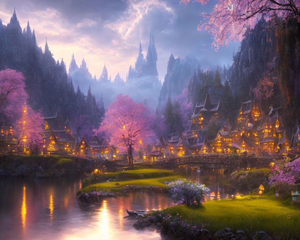 Twilight fantasy village with thatched-roof cottages, cherry blossoms, river, and towering