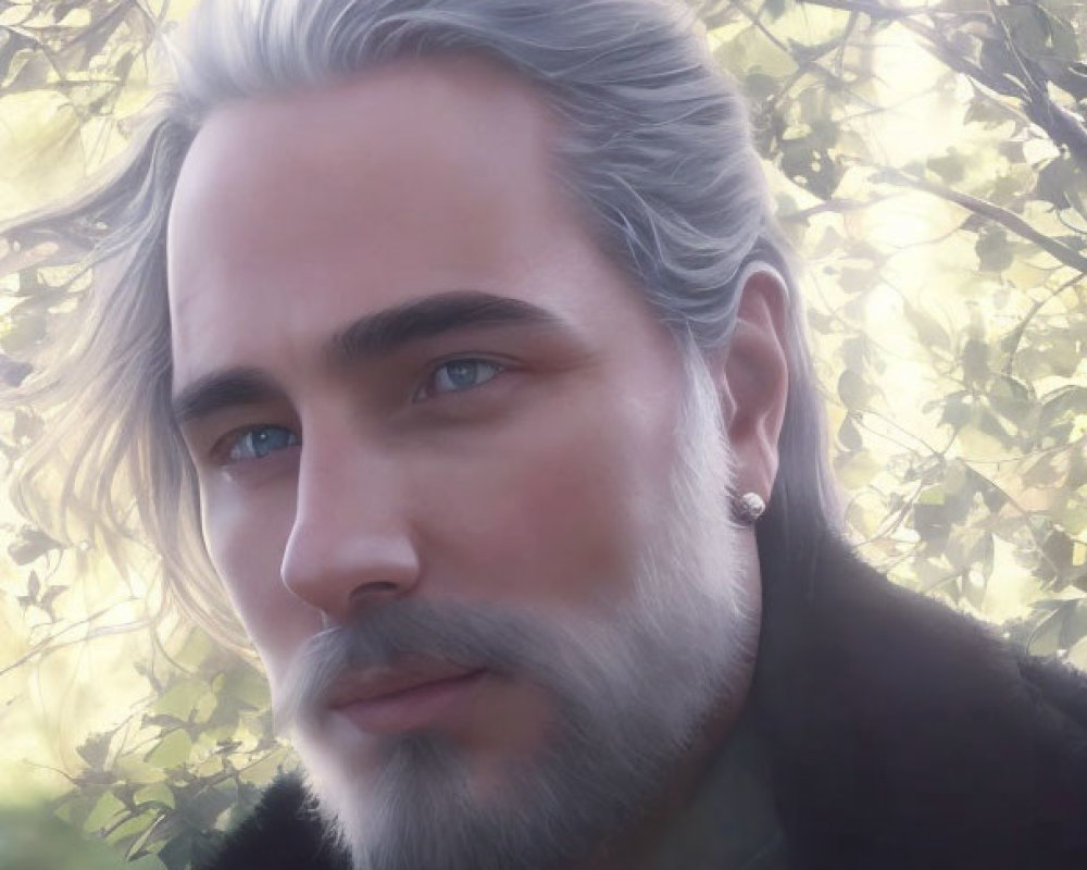 Portrait of man with ice-blue eyes, silver hair, beard, and earring against blurred nature background