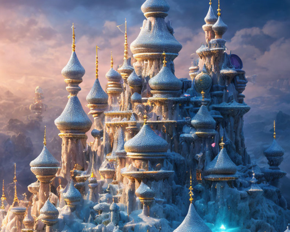 Frozen palace with snow-covered spires in wintry landscape