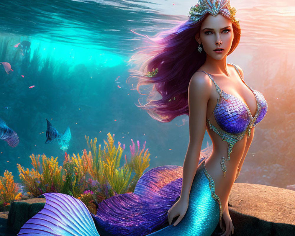 Mermaid with Purple Hair and Blue Tail by the Sea