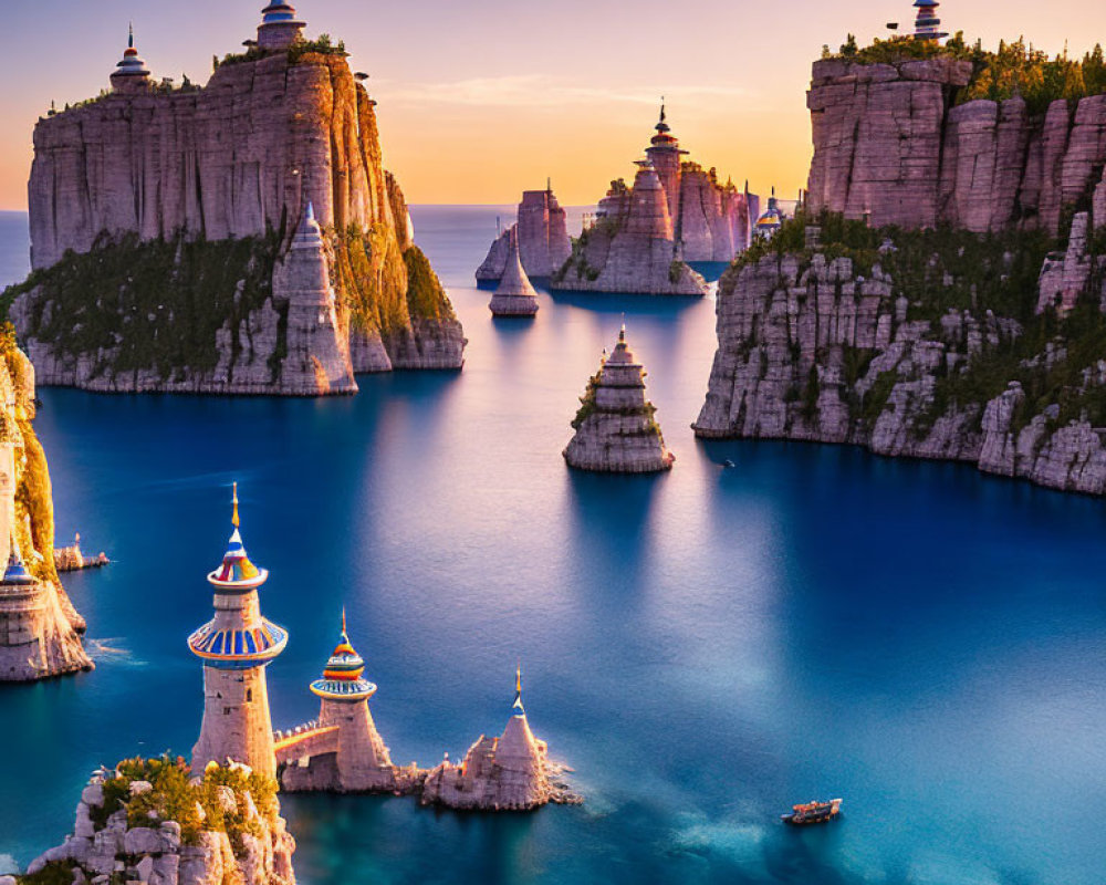 Whimsical castles on towering cliffs in vibrant seascape