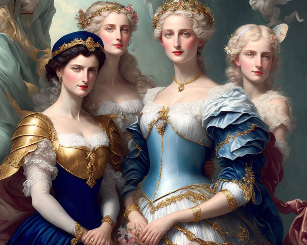 Four elegant women in luxurious period dresses and jewelry