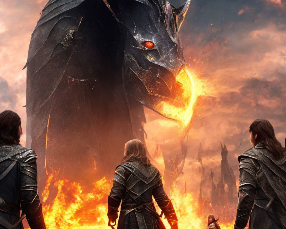 Armored figures face giant dragon in fiery scene with castle.