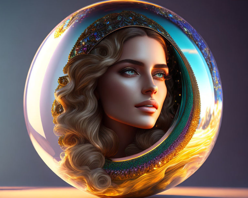 Colorful digital artwork: Woman's face in reflective sphere