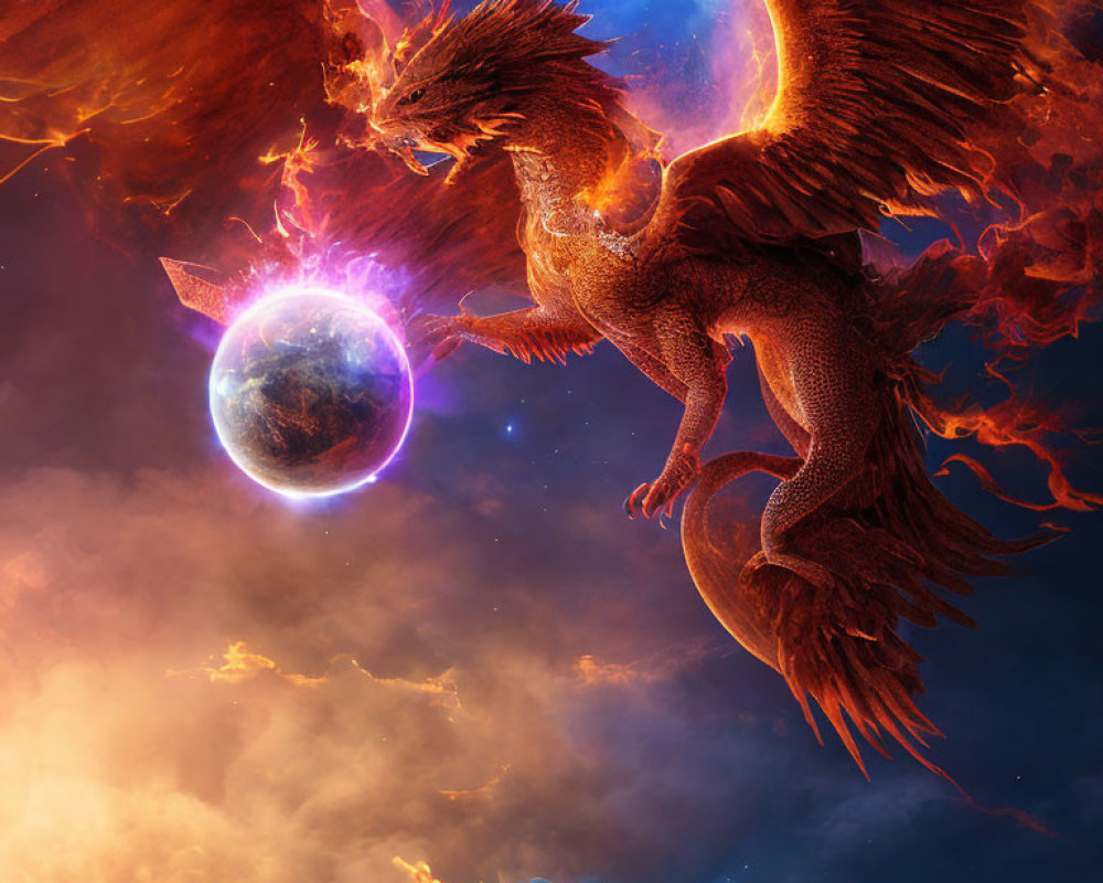 Dragons with glowing bodies and fiery wings in cosmic scene