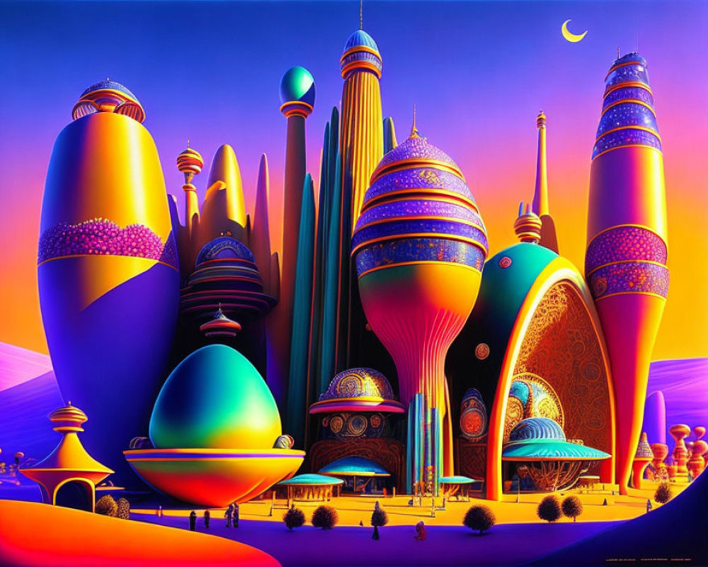 Fantasy cityscape with colorful egg-shaped buildings under twilight sky