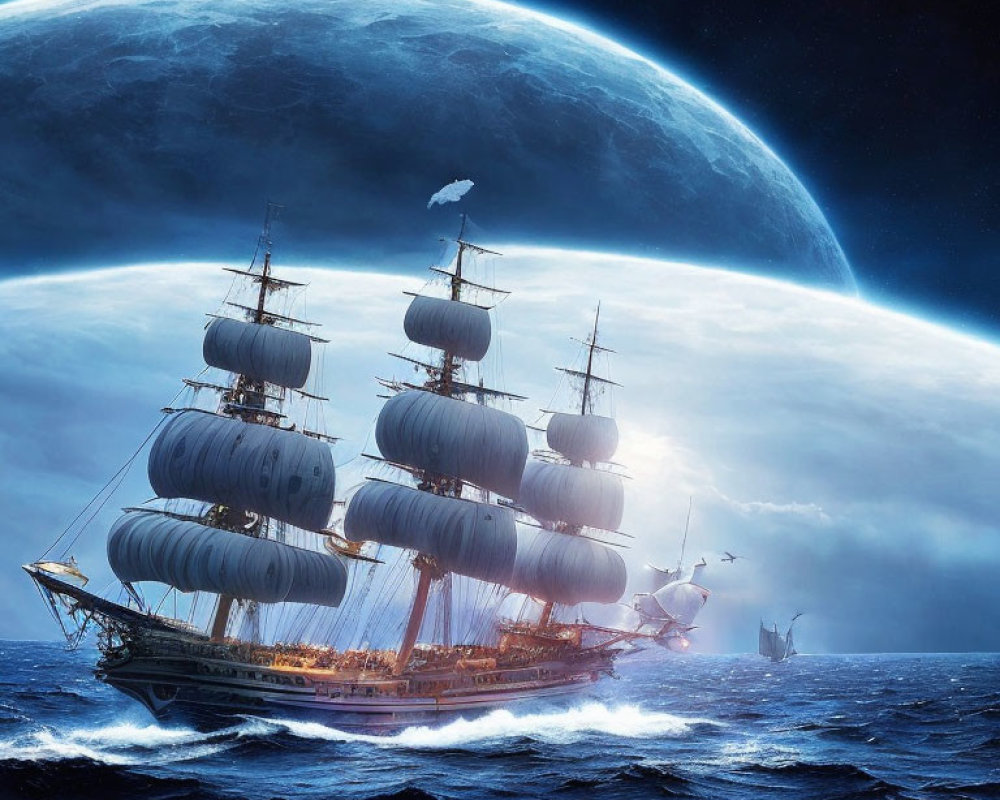 Tall ship sailing in tumultuous seas under a massive planet in the night sky