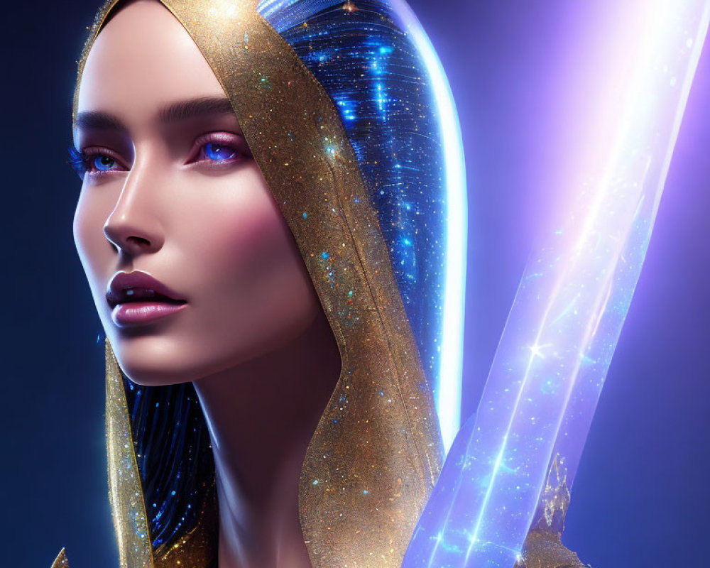 Digitally-rendered female figure with cosmic-themed hood and glowing sword on dark blue backdrop
