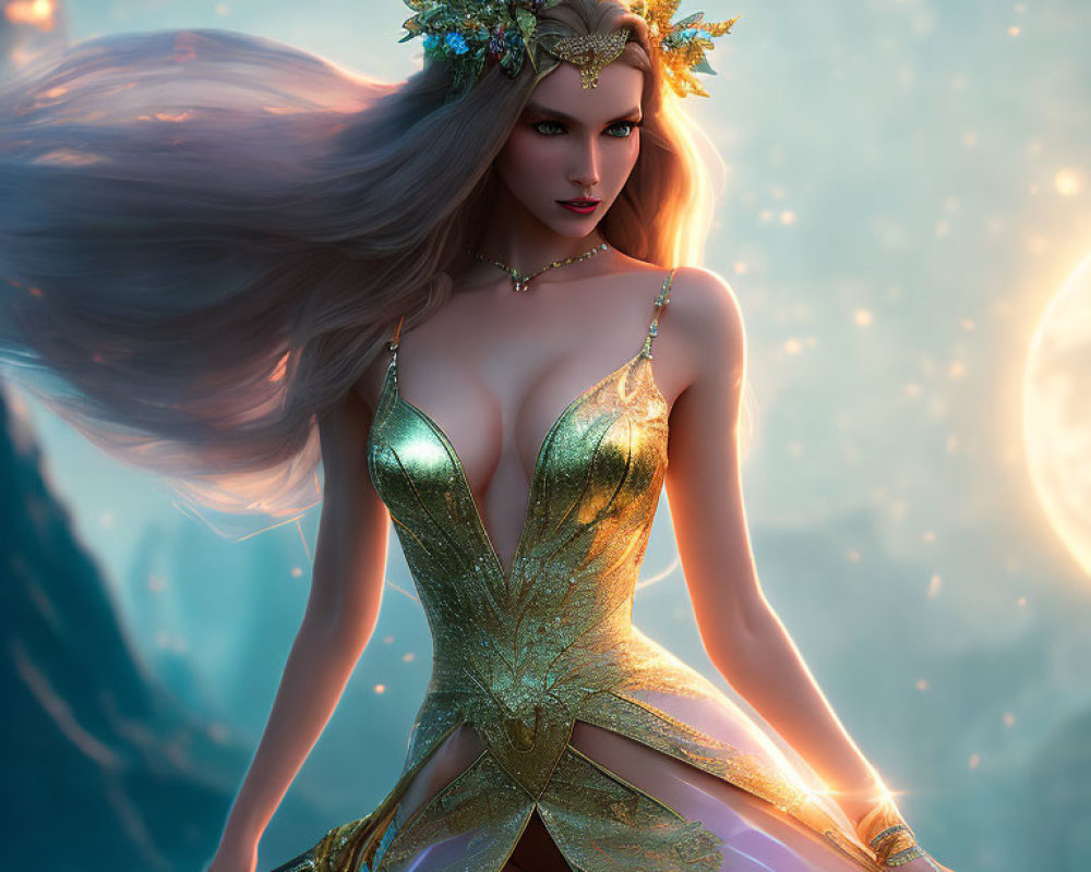 Regal female warrior with crown and mystical staff in fantasy digital art