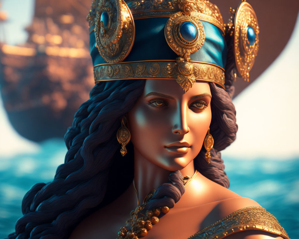 3D illustration of woman with golden headgear and ship in background