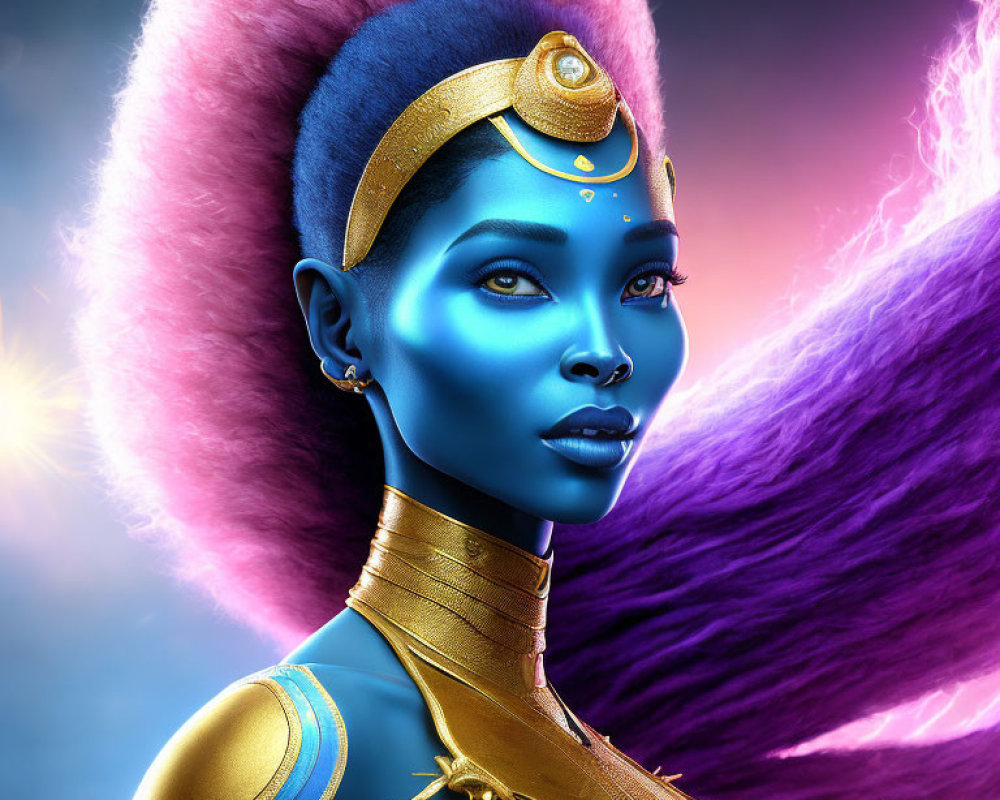 Vivid digital portrait of woman with blue skin and golden accessories