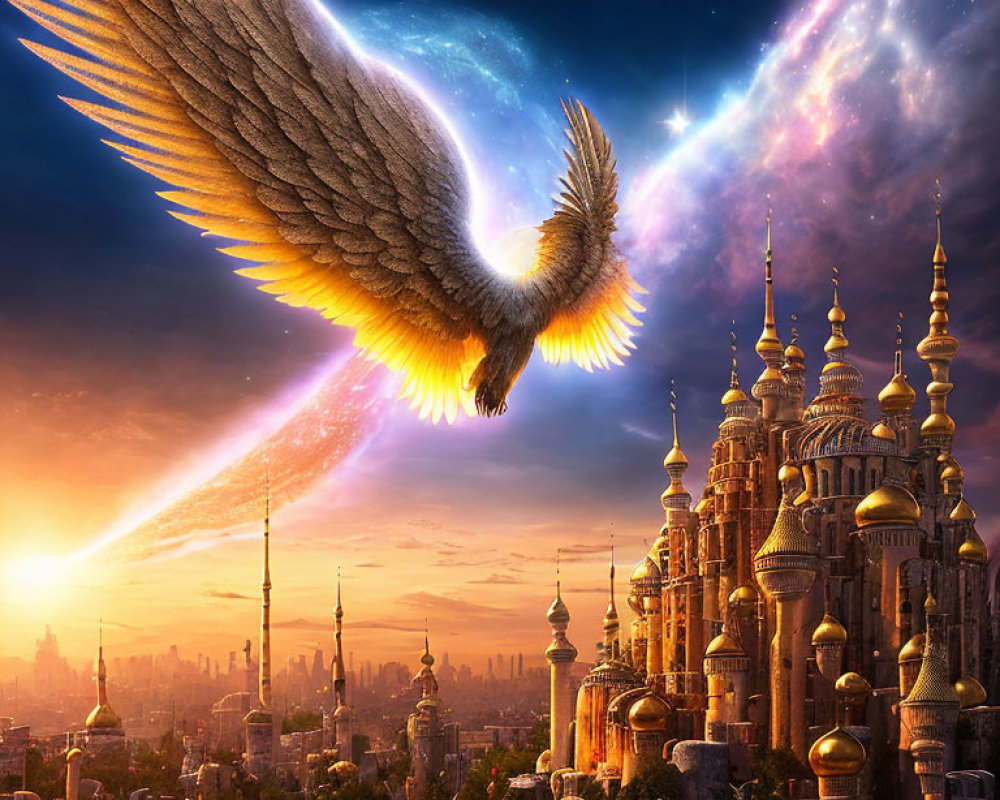 Winged creature soaring over golden-domed fantasy cityscape